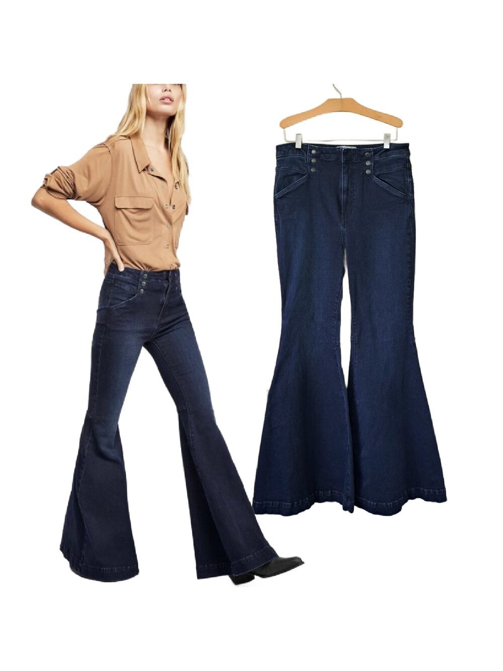 FREE PEOPLE Maddox Super Flare Jeans Size 30 Dark Wash Stretch High Waist